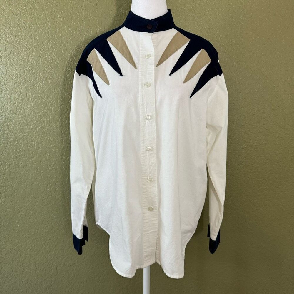 Side Saddle Women's M Western Button Up Shirt White Navy Vintage Cowgirl Cotton